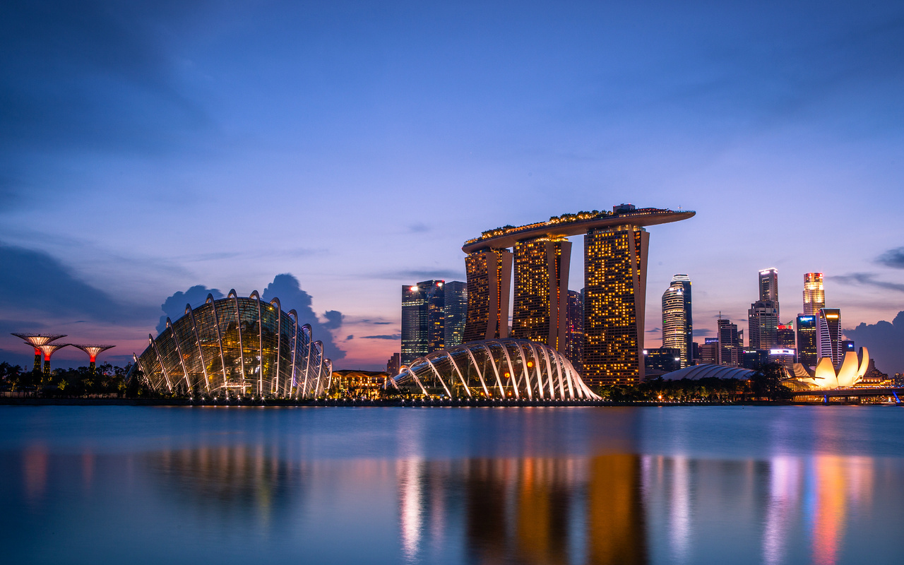 clouds, lights, skyscrapers, Singapore, blue sky, sunset, evening, gardens by the bay, architecture