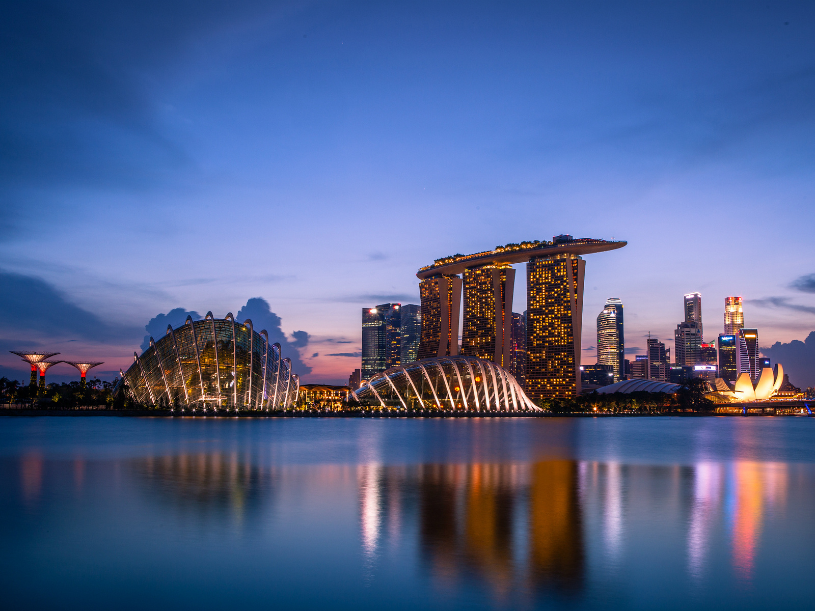 clouds, lights, skyscrapers, Singapore, blue sky, sunset, evening, gardens by the bay, architecture