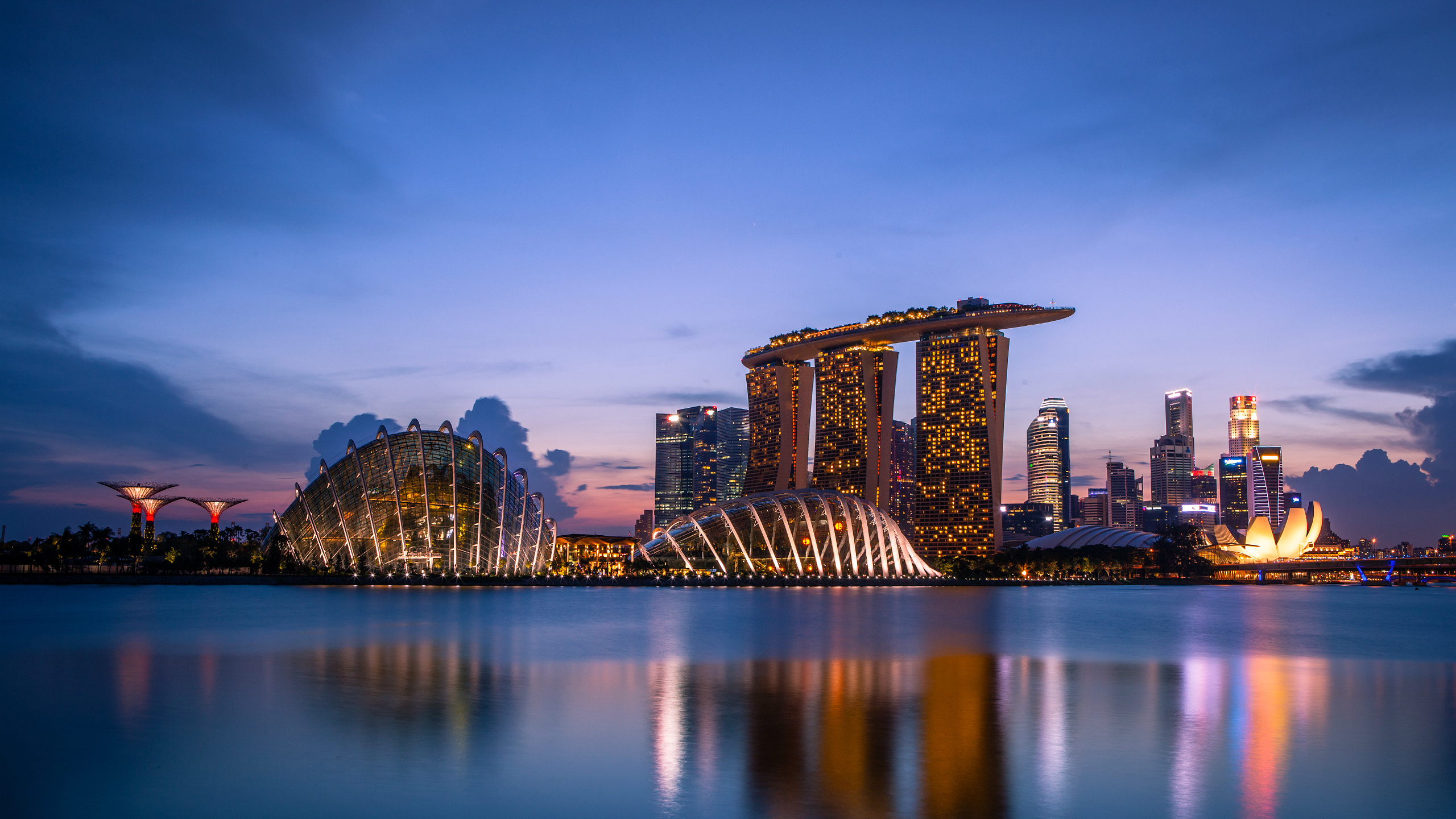 clouds, lights, skyscrapers, Singapore, blue sky, sunset, evening, gardens by the bay, architecture