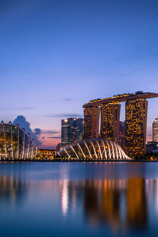 clouds, lights, skyscrapers, Singapore, blue sky, sunset, evening, gardens by the bay, architecture