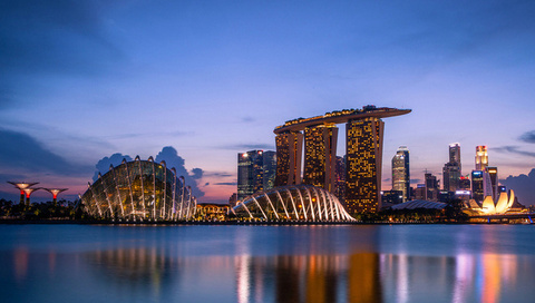 clouds, lights, skyscrapers, Singapore, blue sky, sunset, evening, gardens by the bay, architecture