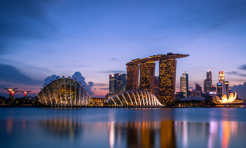 clouds, lights, skyscrapers, Singapore, blue sky, sunset, evening, gardens by the bay, architecture