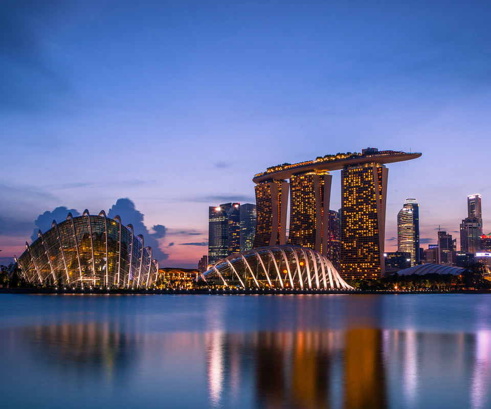 clouds, lights, skyscrapers, Singapore, blue sky, sunset, evening, gardens by the bay, architecture