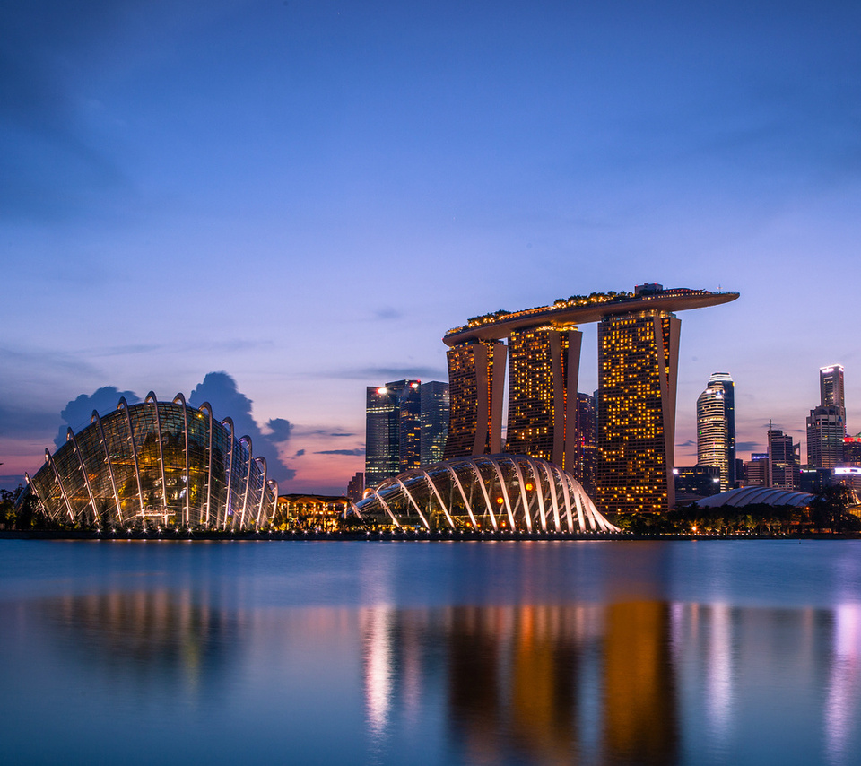 clouds, lights, skyscrapers, Singapore, blue sky, sunset, evening, gardens by the bay, architecture