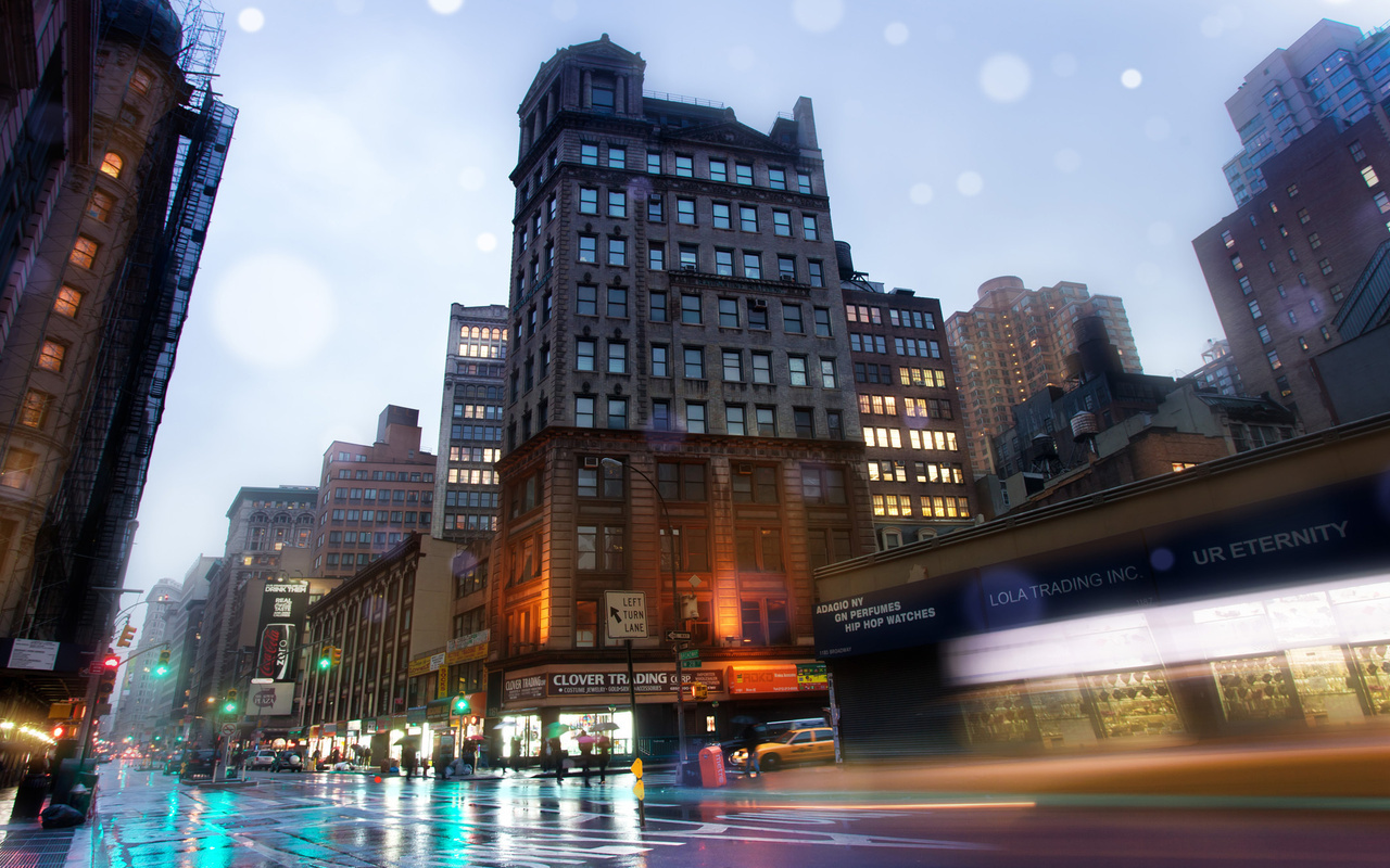 , Slick streets, new york, usa, -, broadway, rainy night, nyc