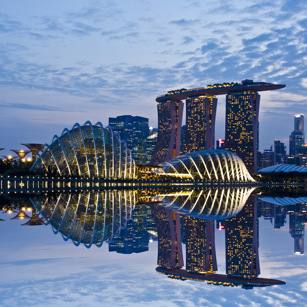 reflection, skyscrapers, Singapore, clouds, gardens by the bay, evening, architecture, sky, lights