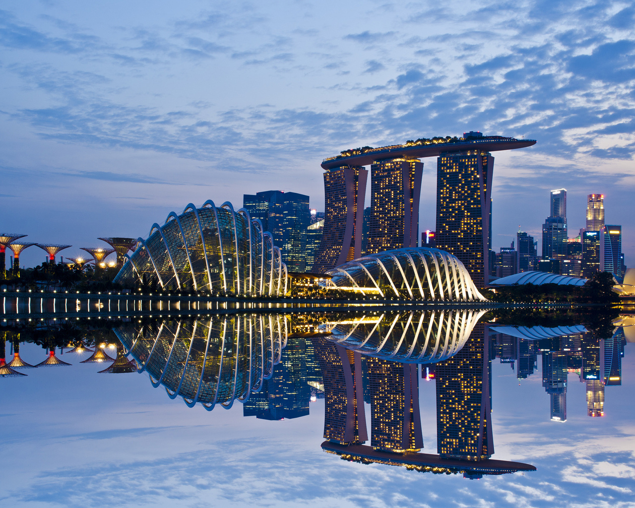 reflection, skyscrapers, Singapore, clouds, gardens by the bay, evening, architecture, sky, lights