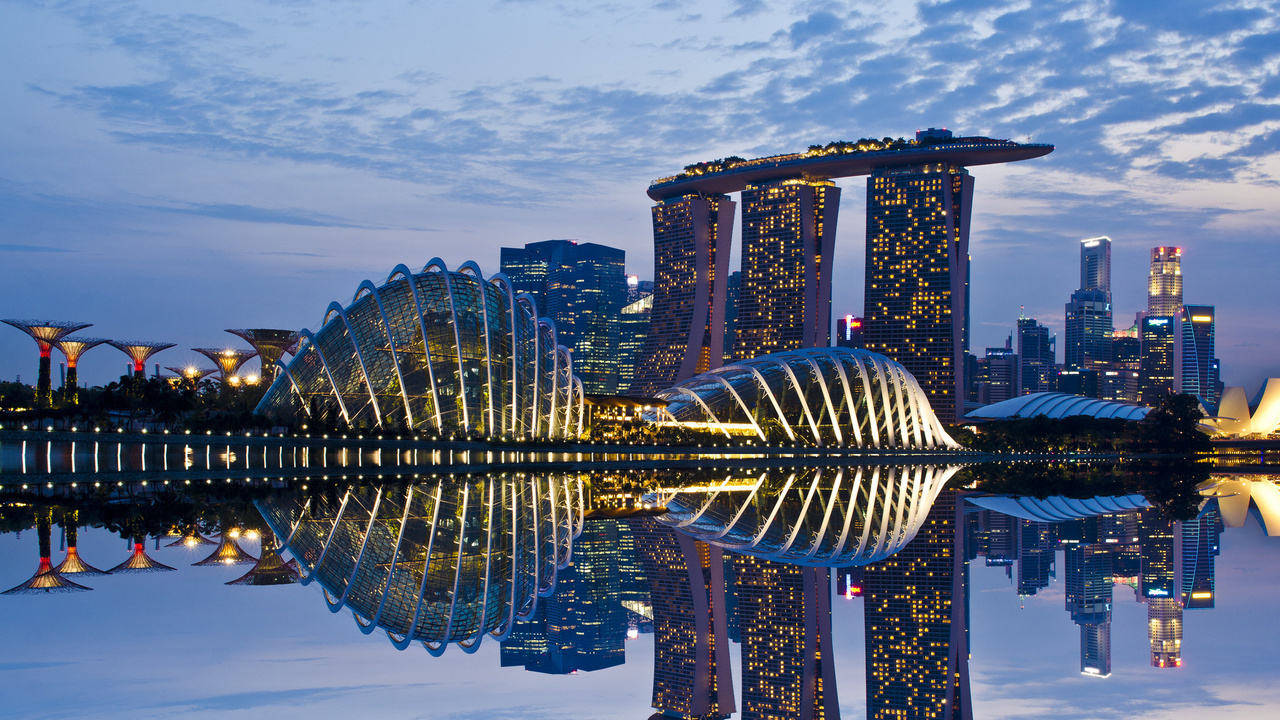 reflection, skyscrapers, Singapore, clouds, gardens by the bay, evening, architecture, sky, lights