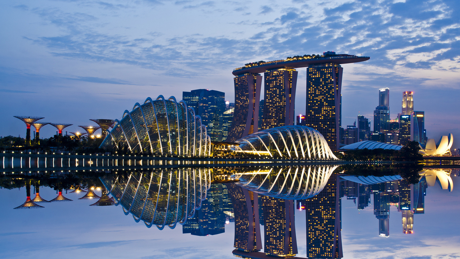 reflection, skyscrapers, Singapore, clouds, gardens by the bay, evening, architecture, sky, lights