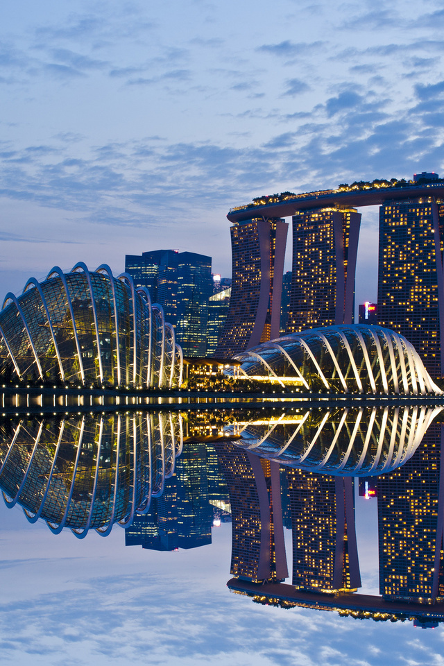 reflection, skyscrapers, Singapore, clouds, gardens by the bay, evening, architecture, sky, lights