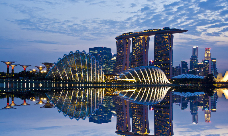 reflection, skyscrapers, Singapore, clouds, gardens by the bay, evening, architecture, sky, lights