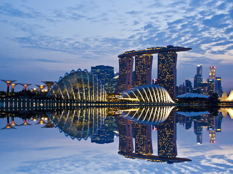 reflection, skyscrapers, Singapore, clouds, gardens by the bay, evening, architecture, sky, lights