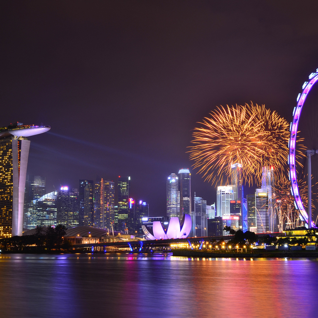 Singapore, night, skyscrapers, architecture, sky, reflection, lights, gardens by the bay, clouds