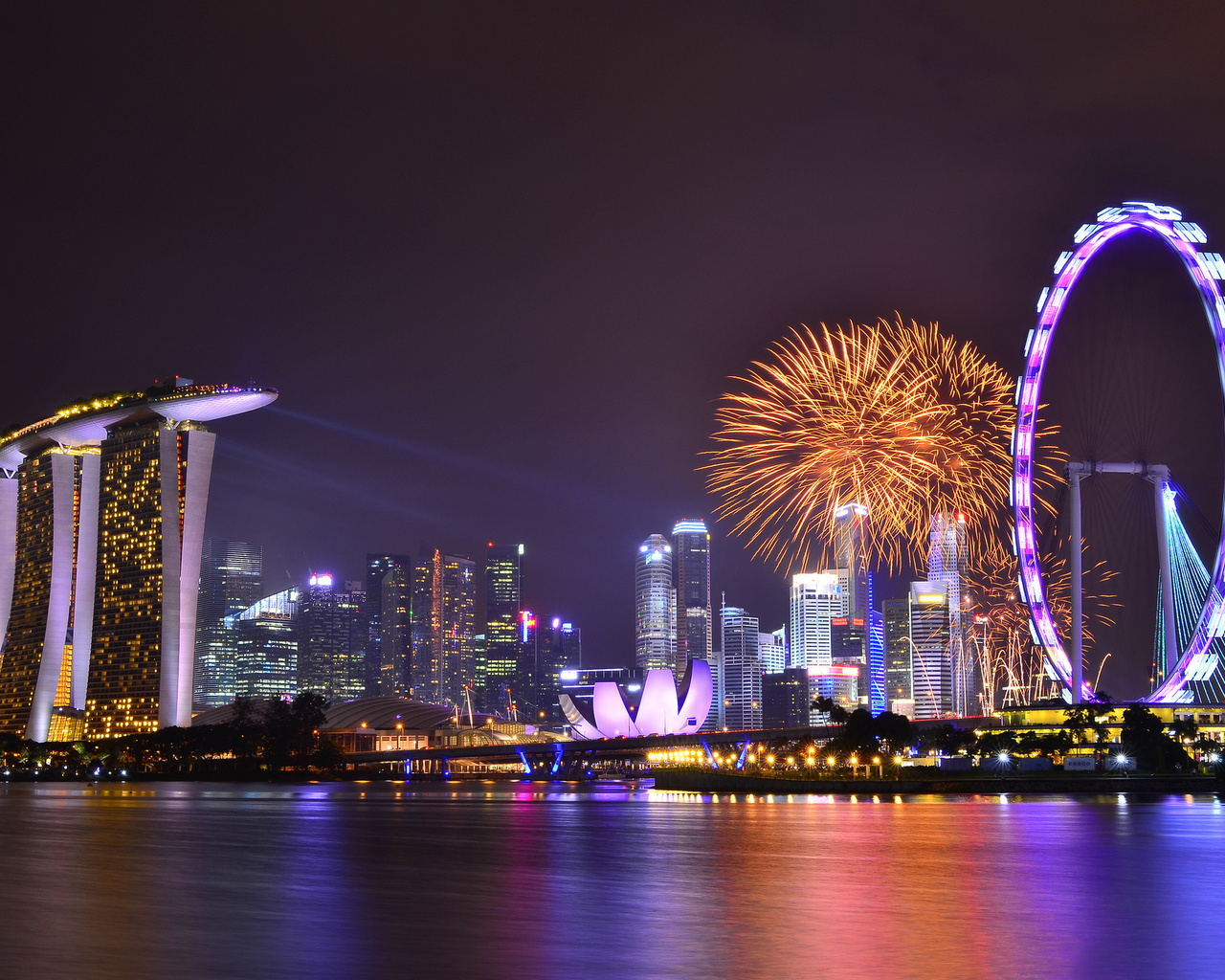 Singapore, night, skyscrapers, architecture, sky, reflection, lights, gardens by the bay, clouds