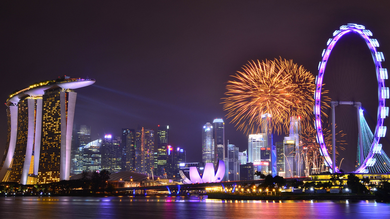 Singapore, night, skyscrapers, architecture, sky, reflection, lights, gardens by the bay, clouds