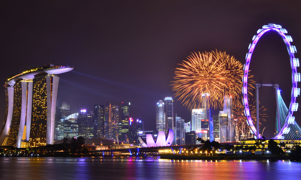 Singapore, night, skyscrapers, architecture, sky, reflection, lights, gardens by the bay, clouds