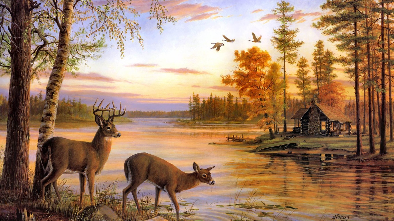 painting, river, birch, deer, mary pettis, Quiet evening, nature