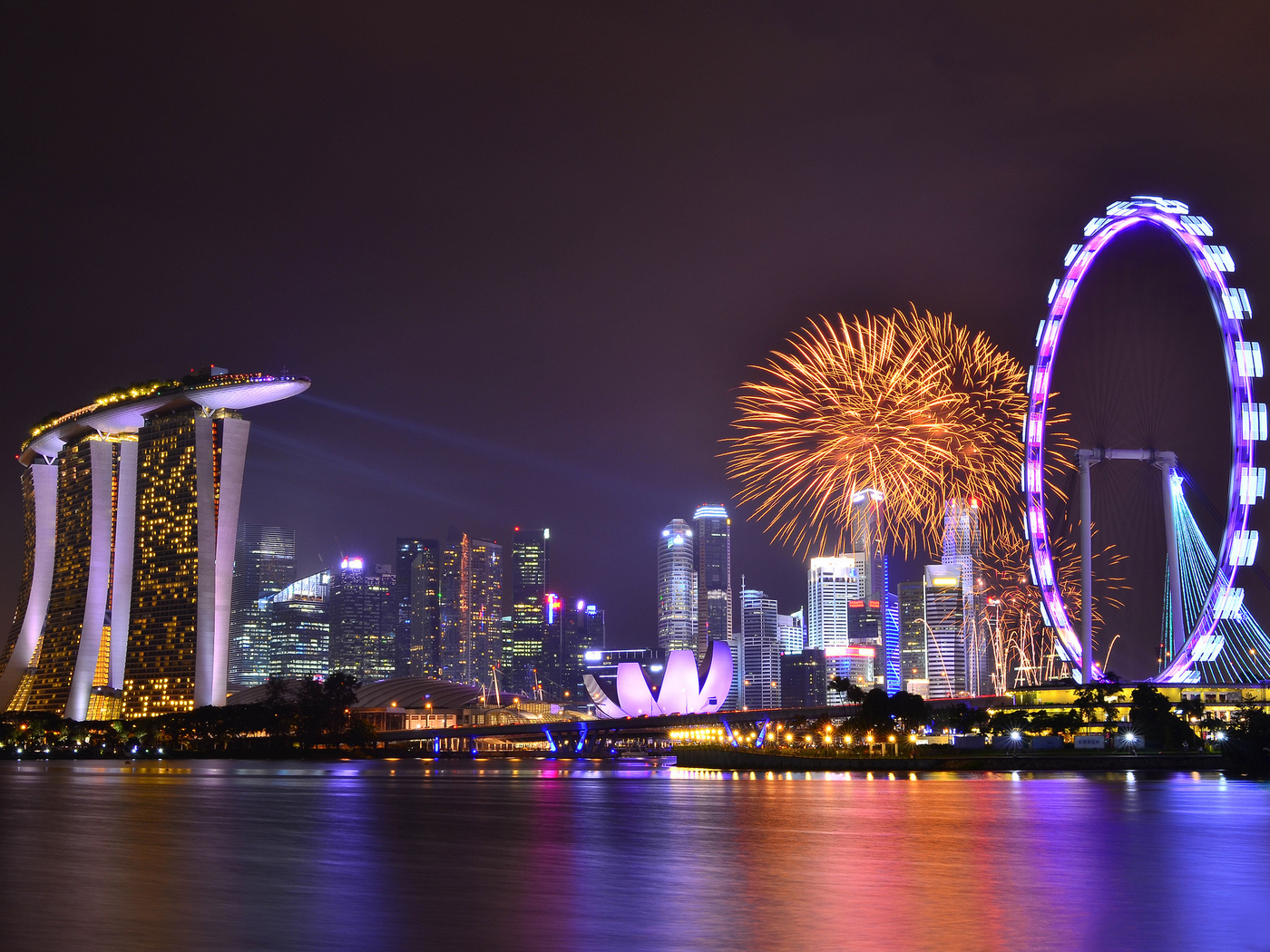 Singapore, night, skyscrapers, architecture, sky, reflection, lights, gardens by the bay, clouds