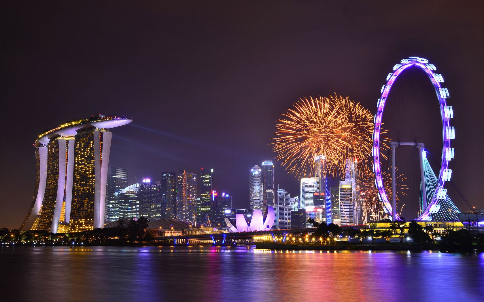 Singapore, night, skyscrapers, architecture, sky, reflection, lights, gardens by the bay, clouds