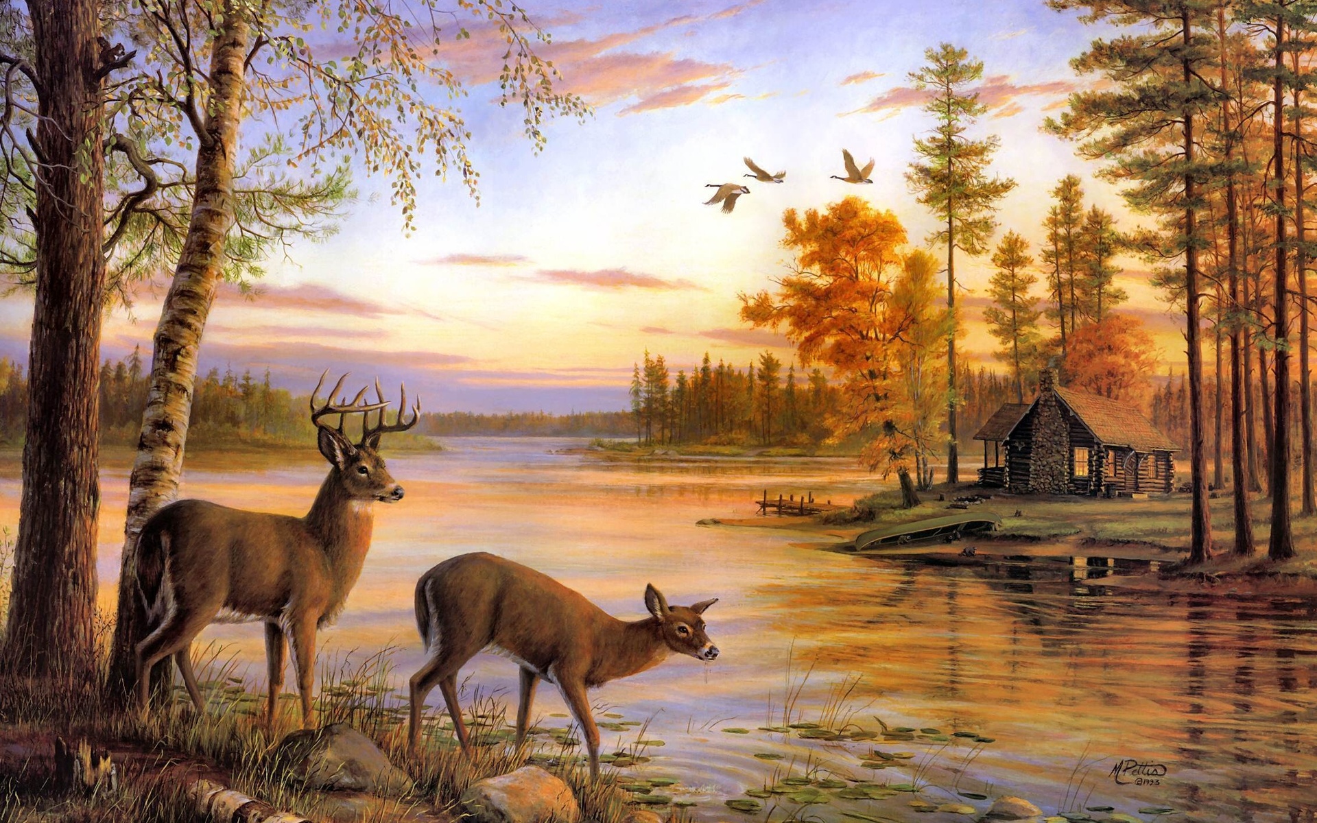 painting, river, birch, deer, mary pettis, Quiet evening, nature