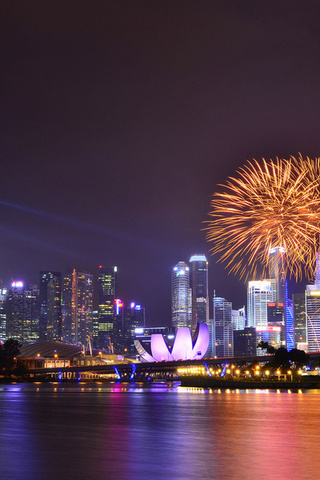 Singapore, night, skyscrapers, architecture, sky, reflection, lights, gardens by the bay, clouds