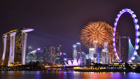 Singapore, night, skyscrapers, architecture, sky, reflection, lights, gardens by the bay, clouds