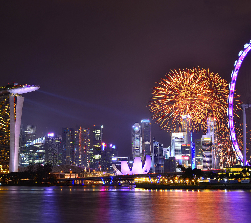 Singapore, night, skyscrapers, architecture, sky, reflection, lights, gardens by the bay, clouds