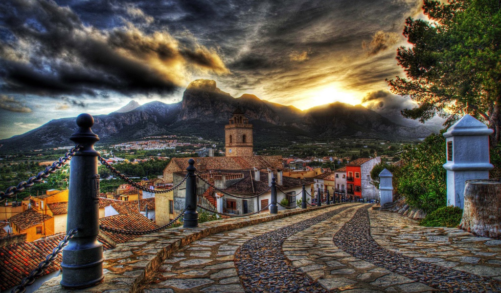houses, road, old, mountain, street, Architecture, colorful, sky, colors, hdr, sunset, clouds