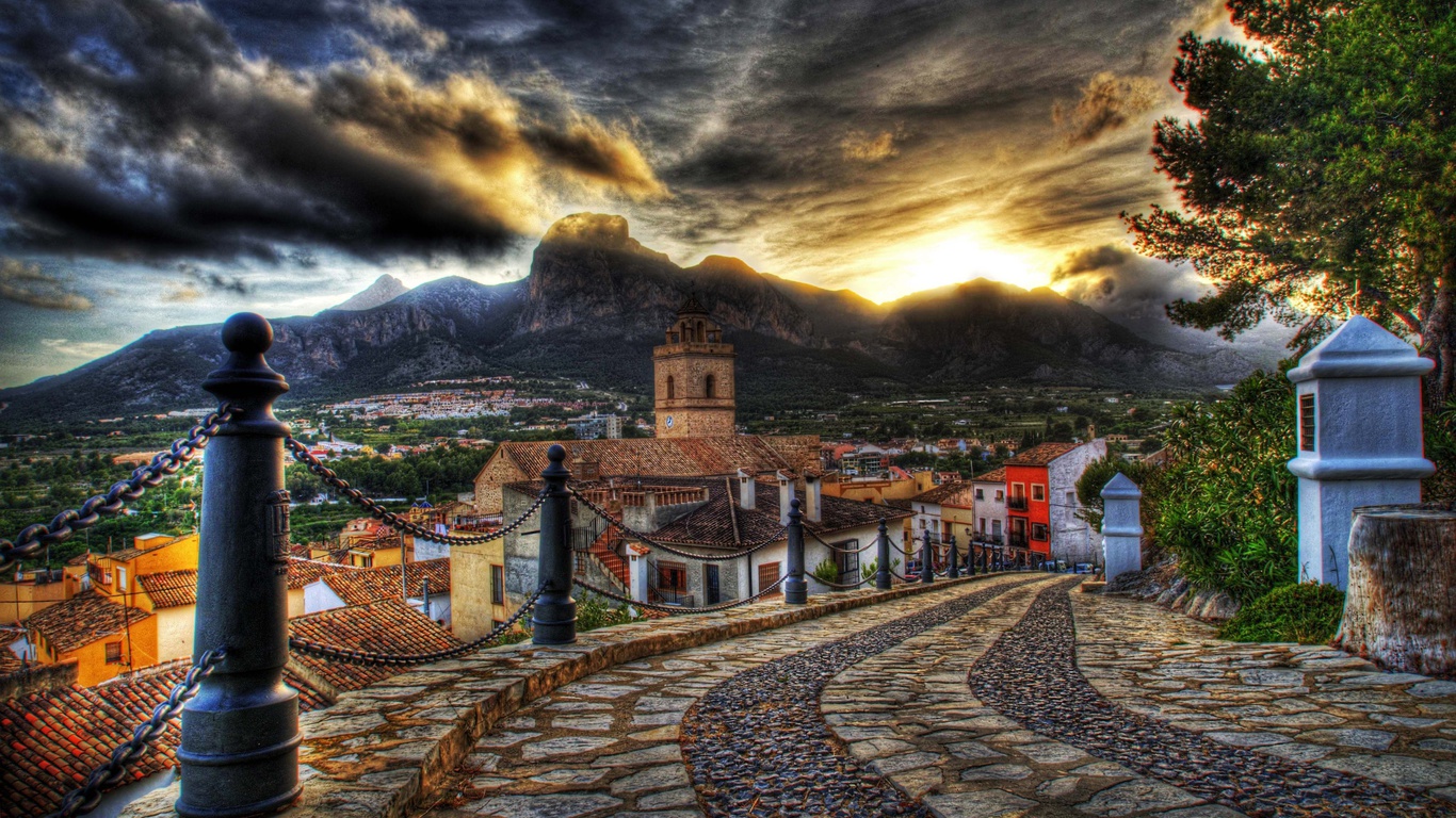 houses, road, old, mountain, street, Architecture, colorful, sky, colors, hdr, sunset, clouds