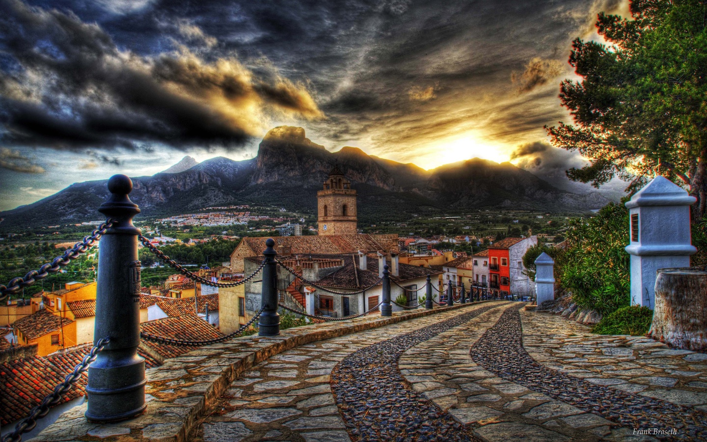houses, road, old, mountain, street, Architecture, colorful, sky, colors, hdr, sunset, clouds