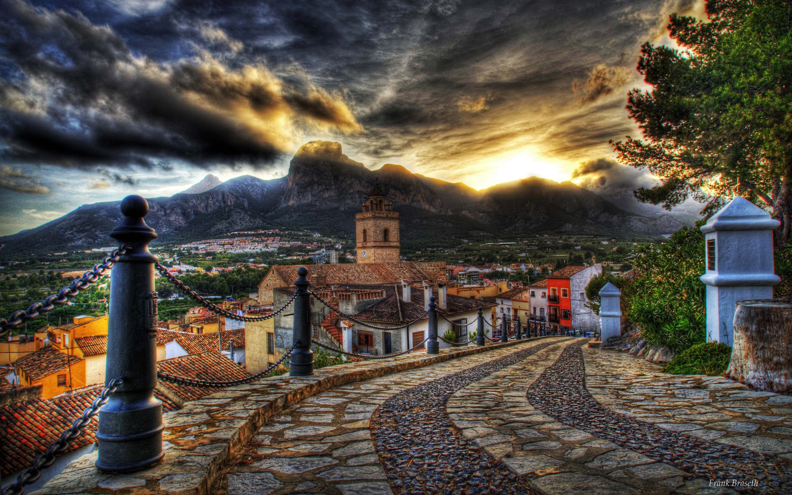 houses, road, old, mountain, street, Architecture, colorful, sky, colors, hdr, sunset, clouds