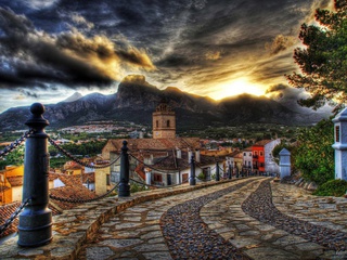 houses, road, old, mountain, street, Architecture, colorful, sky, colors, hdr, sunset, clouds