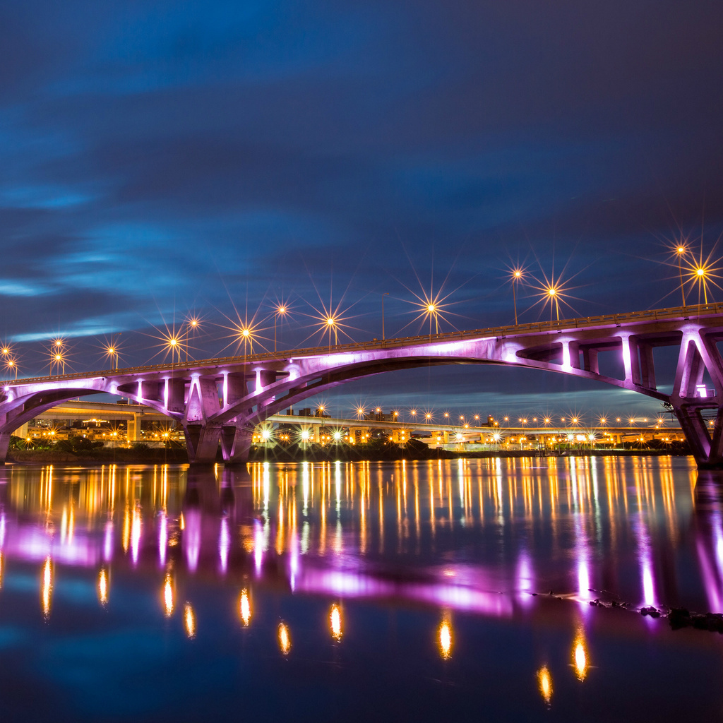 , bridge, reflection, river, taiwan, lights, taipei, night, , city, China