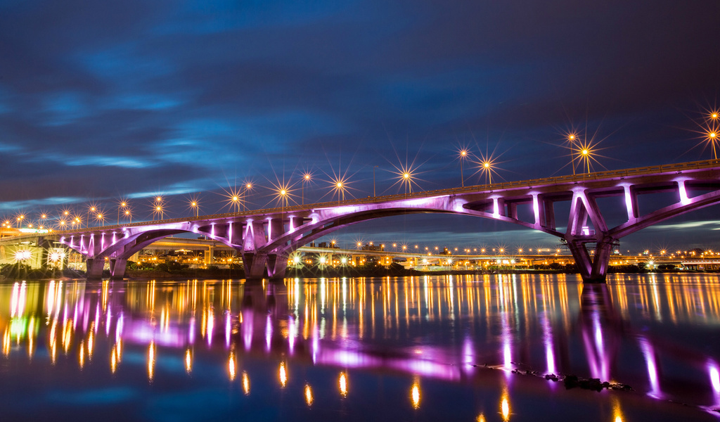 , bridge, reflection, river, taiwan, lights, taipei, night, , city, China