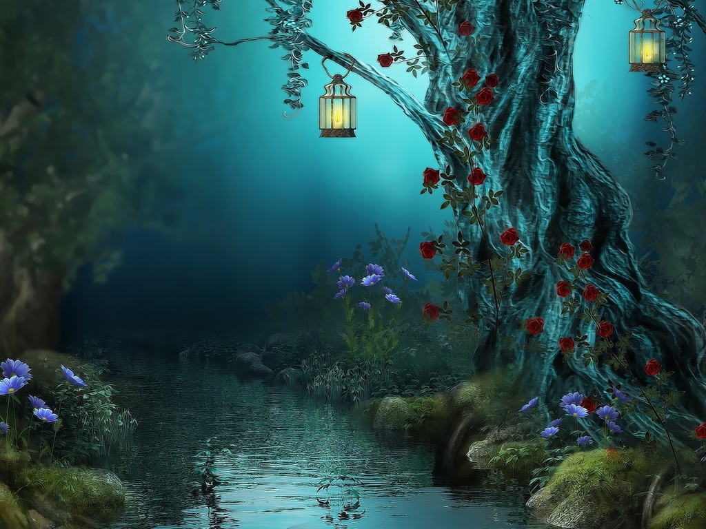 roses, night, , forest, Fantasy, red roses, nature, river, lamps, flowers, 