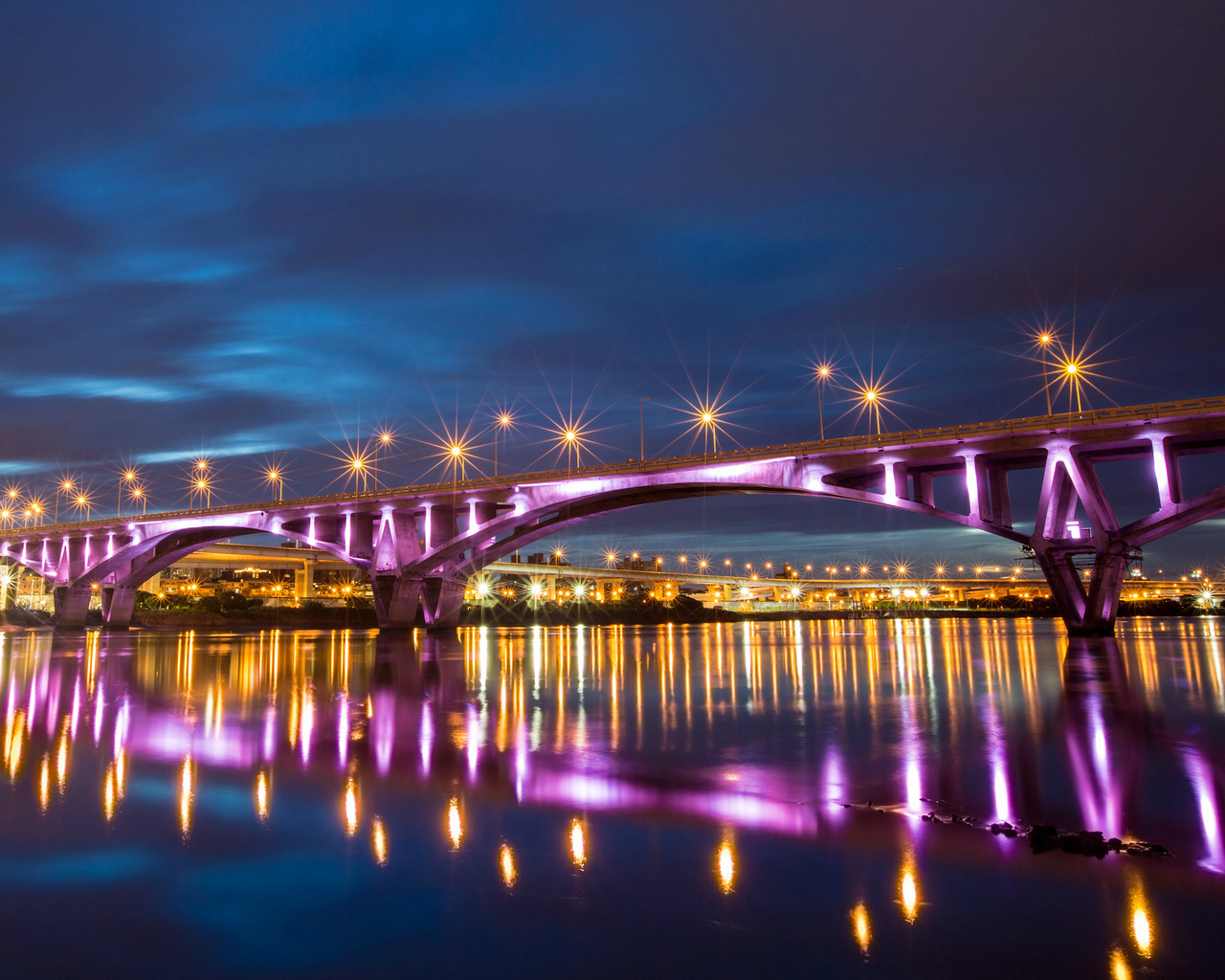 , bridge, reflection, river, taiwan, lights, taipei, night, , city, China