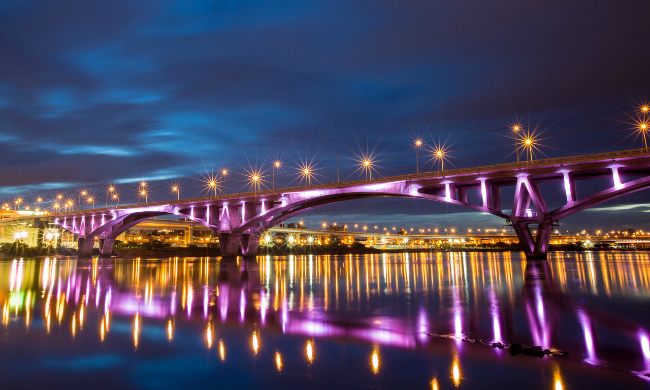 , bridge, reflection, river, taiwan, lights, taipei, night, , city, China