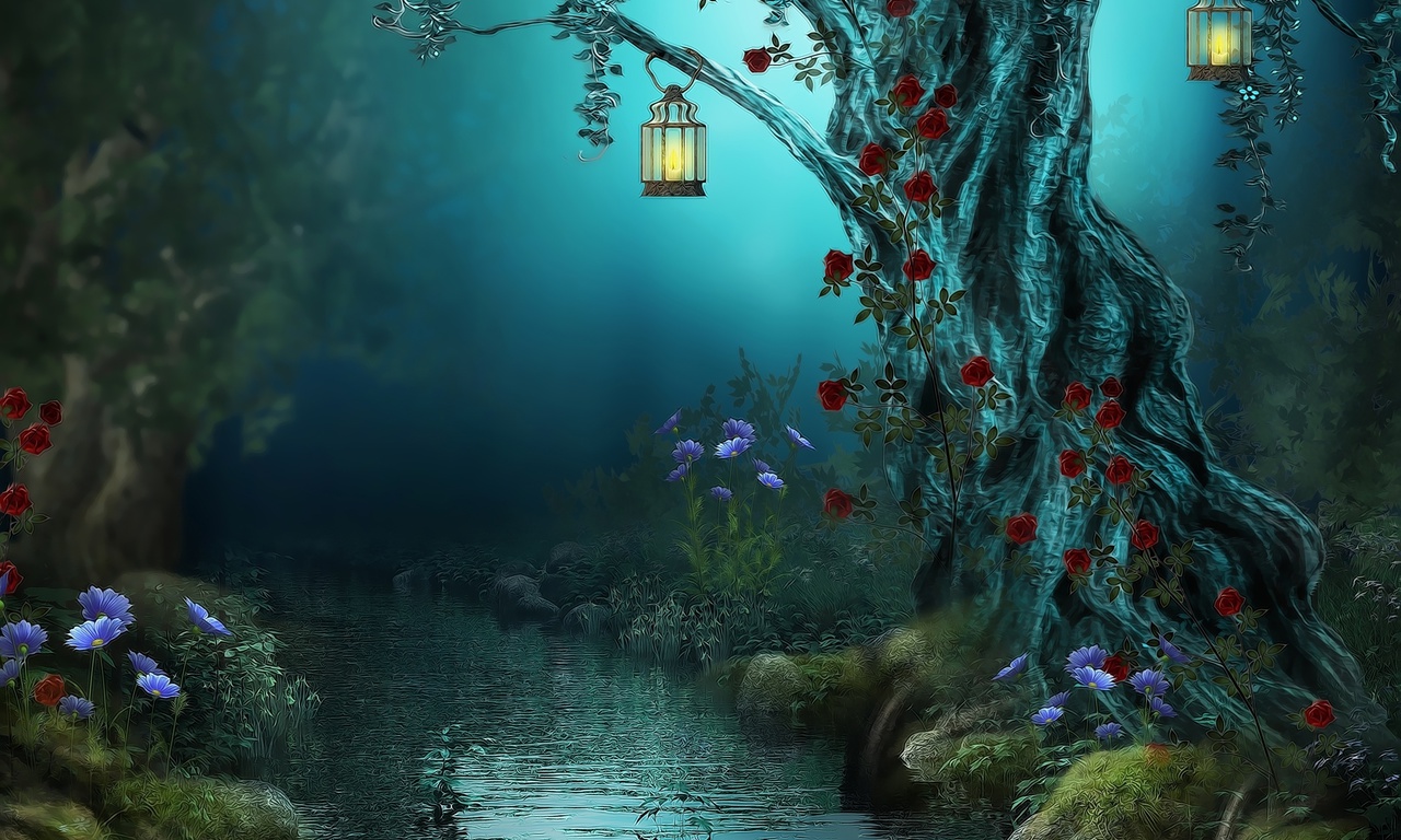 roses, night, , forest, Fantasy, red roses, nature, river, lamps, flowers, 