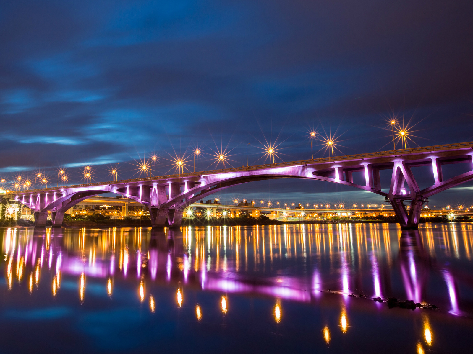 , bridge, reflection, river, taiwan, lights, taipei, night, , city, China