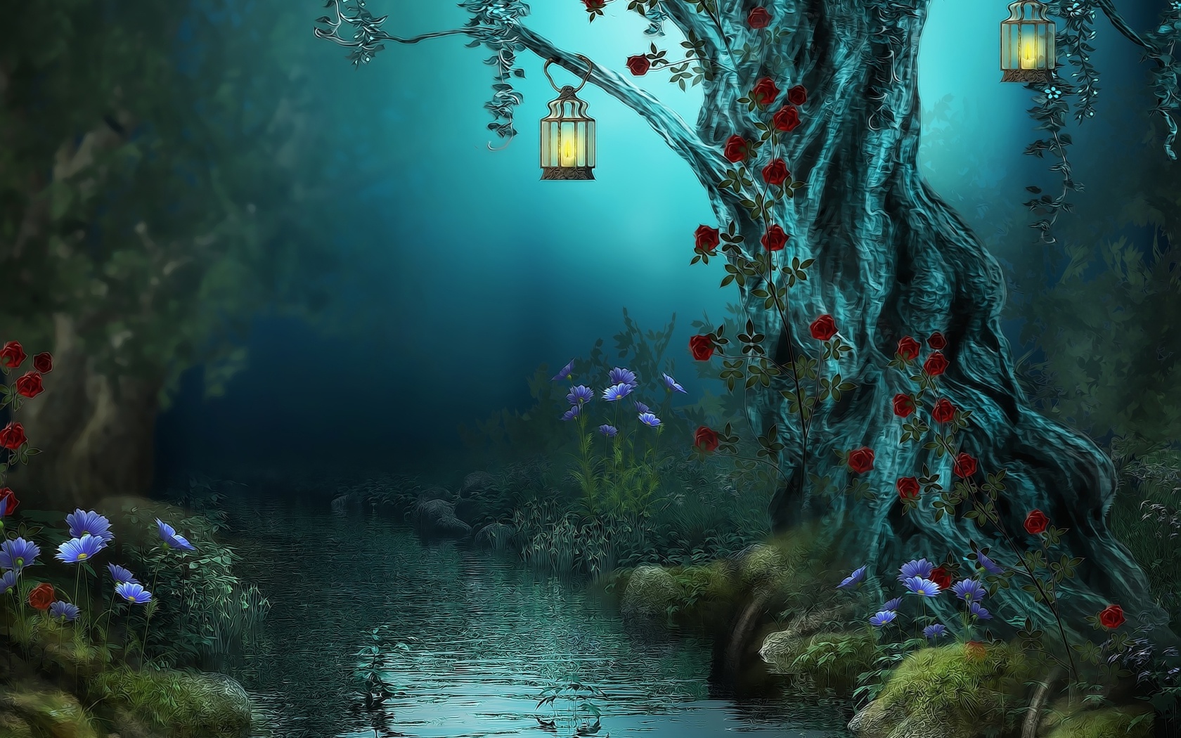 roses, night, , forest, Fantasy, red roses, nature, river, lamps, flowers, 