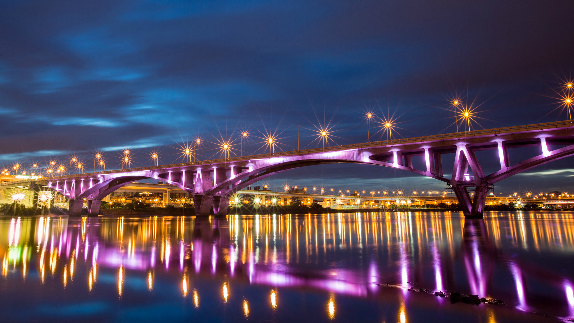 , bridge, reflection, river, taiwan, lights, taipei, night, , city, China