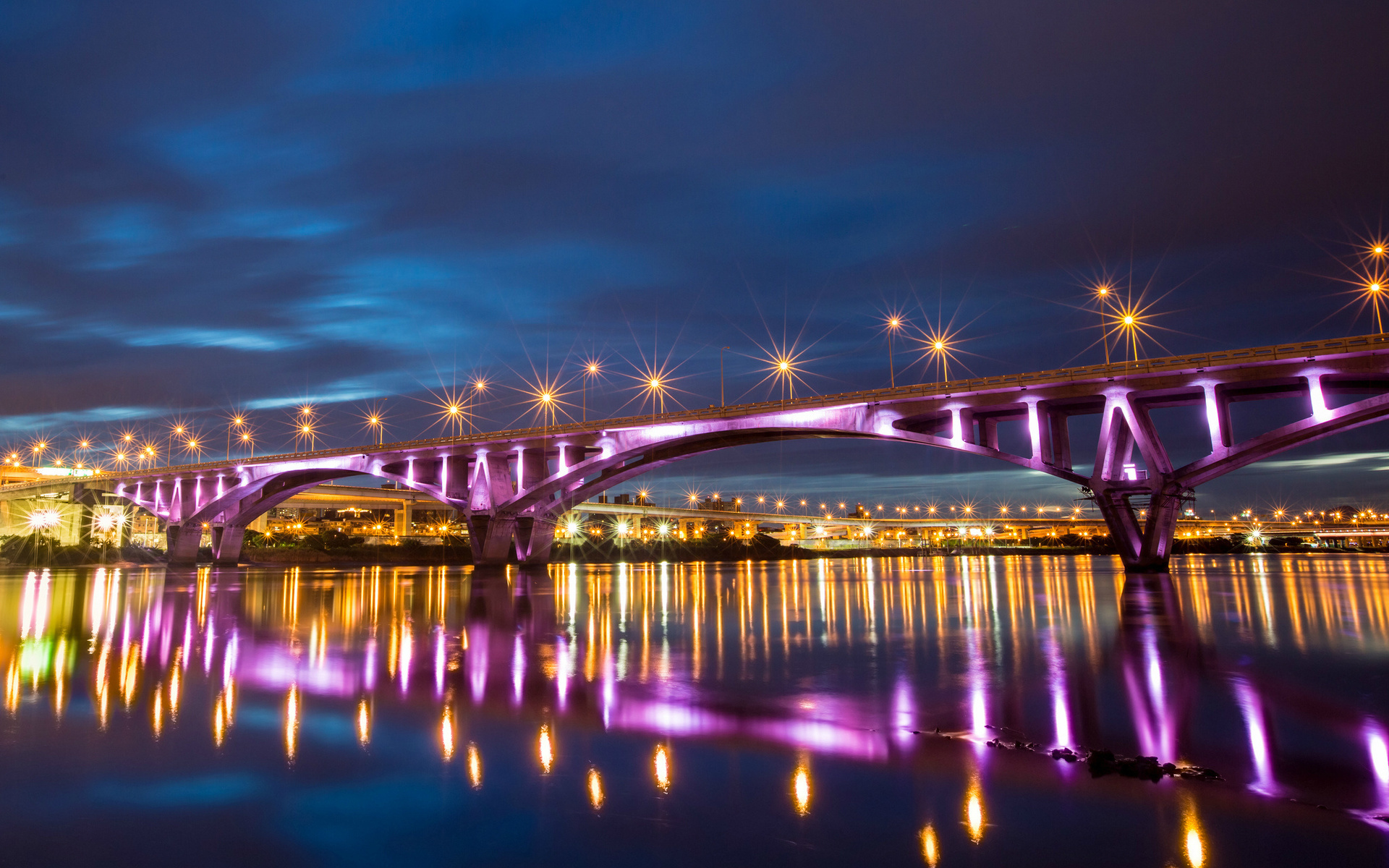 , bridge, reflection, river, taiwan, lights, taipei, night, , city, China