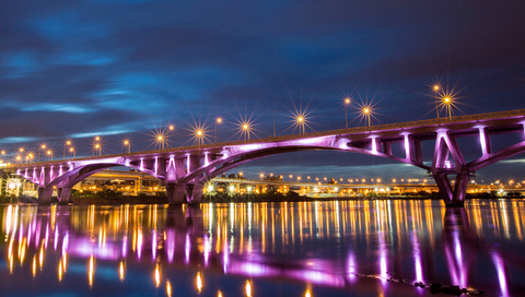 , bridge, reflection, river, taiwan, lights, taipei, night, , city, China