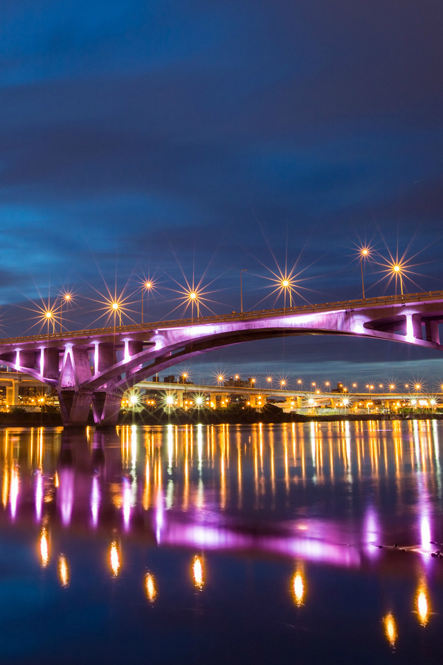 , bridge, reflection, river, taiwan, lights, taipei, night, , city, China