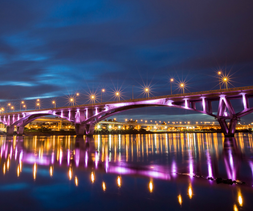 , bridge, reflection, river, taiwan, lights, taipei, night, , city, China