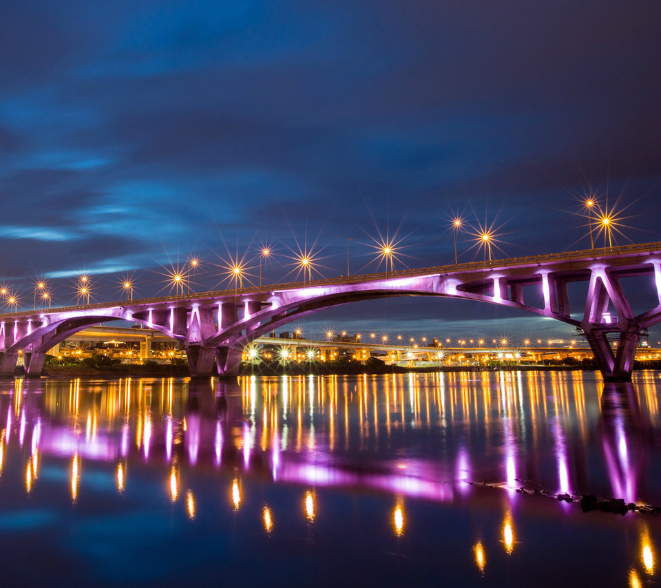 , bridge, reflection, river, taiwan, lights, taipei, night, , city, China