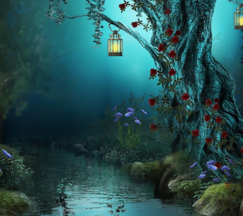 roses, night, , forest, Fantasy, red roses, nature, river, lamps, flowers, 