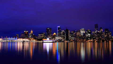 vancouver, lights, Canada, british columbia, , night city, reflection, river