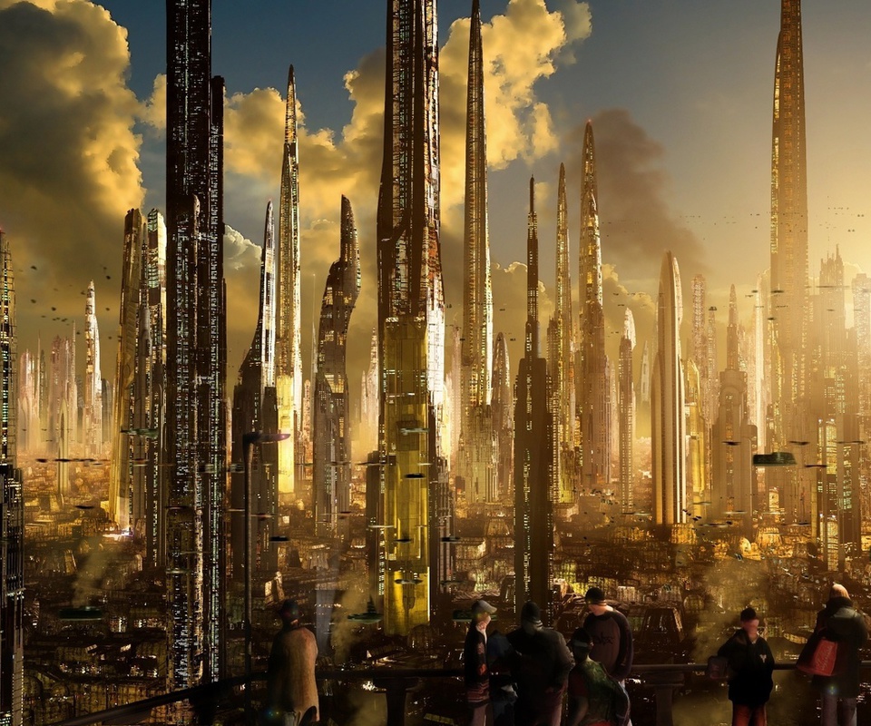 scott richard, Matte future city, sunset, towers, sci-fi, ships, rich35211