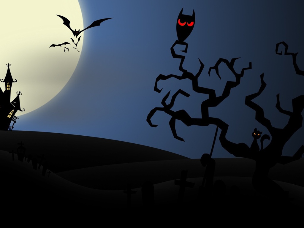 horror, evil cat, Halloween, creepy, owl, bats, house, midnight, full moon, vector art, scary